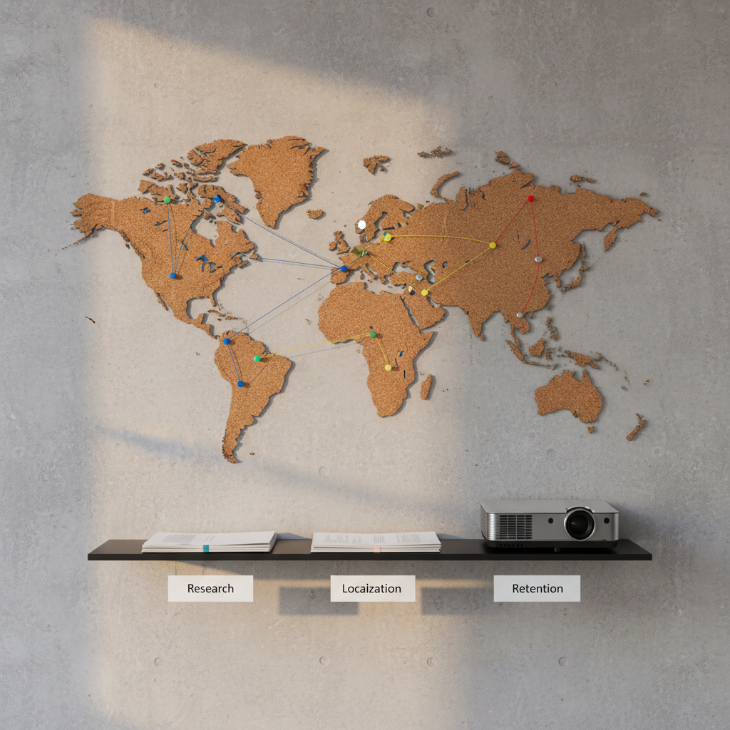 A minimalist cork world map pinned to a smooth concrete wall, covered with small, color-coded metal pins and string lines that indicate different stages of market entry, from discovery to scaling. Below, a narrow black metal shelf holds neatly stacked documents labeled “Research,” “Localization,” and “Retention,” along with a compact projector. Late evening golden-hour light streams from the side, creating warm highlights on the pins and subtle texture on the concrete. Photographic style, framed wide with balanced composition, evoking a sense of long-term planning, global expansion roadmaps, and thoughtful overseas market strategy development.