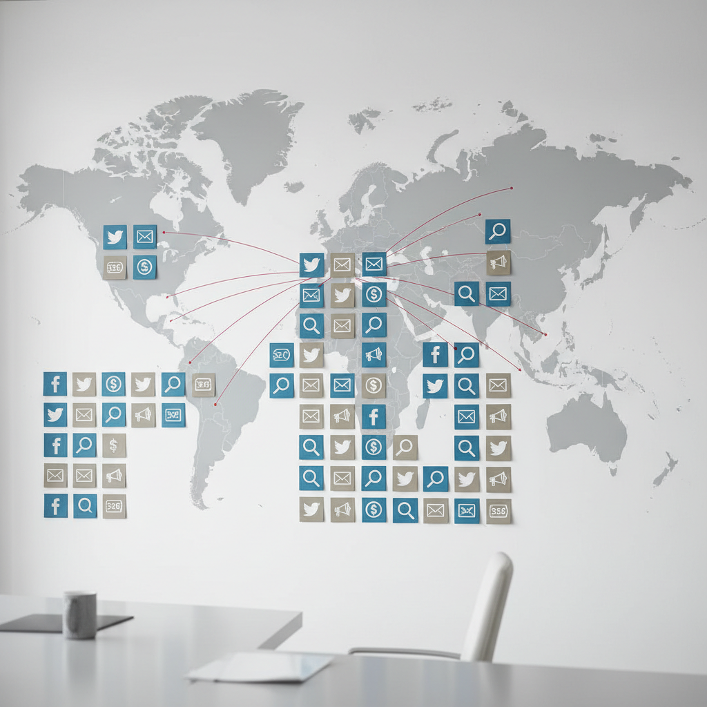 An organized whiteboard wall in a minimalist workspace, covered with neatly arranged sticky notes in muted blues and warm grays, each showing icons of social platforms, email, SEO, and paid ads targeting global markets. A large, clean world map is printed behind the notes, with fine red lines connecting different regions like campaign routes. Soft, diffused daylight from an unseen window brightens the wall, casting faint, crisp shadows of the notes. Photographic style, shot from a slightly angled frontal view with sharp focus throughout, conveying clarity, planning, and systematic overseas marketing strategy in a modern, uncluttered environment.