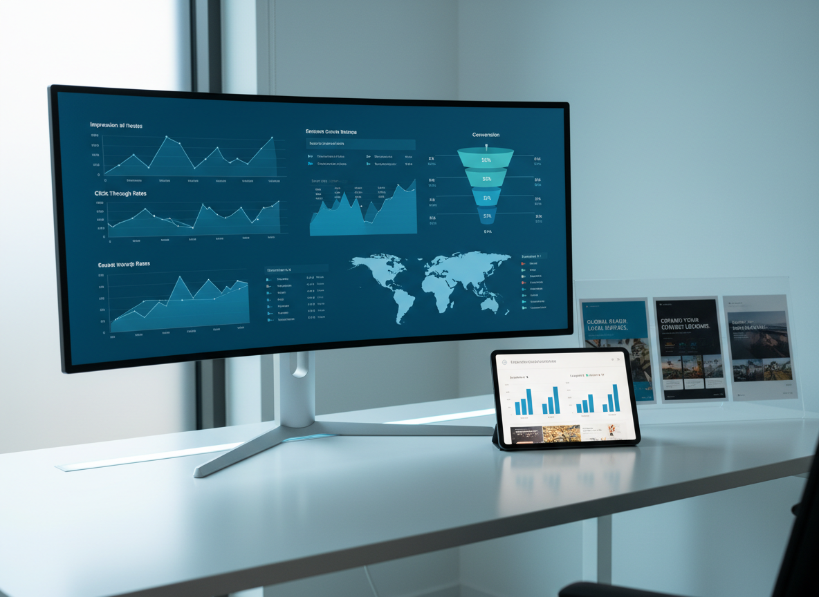 A large ultra-wide monitor on a clean white desk displays a detailed performance dashboard for a global ad campaign: multiple line graphs, conversion funnels, and regional breakdowns in sophisticated blues and teals. Next to the monitor, a tablet shows A/B test results, and a small, transparent acrylic stand holds printed creatives with different headlines and layouts. Cool, even LED desk lighting combines with faint natural window light, producing crisp reflections and minimal shadows. Photographic realism, shot from a slightly elevated angle with sharp focus, giving a modern, analytical atmosphere that highlights data-driven experimentation in overseas marketing optimization.