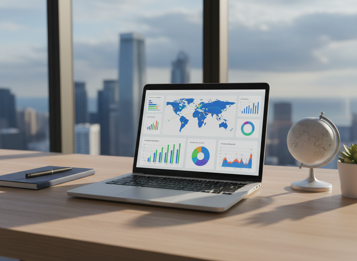 A sleek, silver laptop open on a light oak desk, its screen displaying a clean dashboard of international marketing analytics with colorful charts and a world map. Around it lie a slim navy-blue notebook, a black metal pen, and a minimalist globe made of matte white resin with subtle engraved continents. Through a large window behind, a modern city skyline with a hint of ocean is softly blurred. Late afternoon natural light pours in, creating gentle reflections on the laptop’s metallic surface and soft shadows on the desk. Photographic realism, shot at eye level with a shallow depth of field, creating a calm, focused mood that suggests strategic thinking in global marketing.
