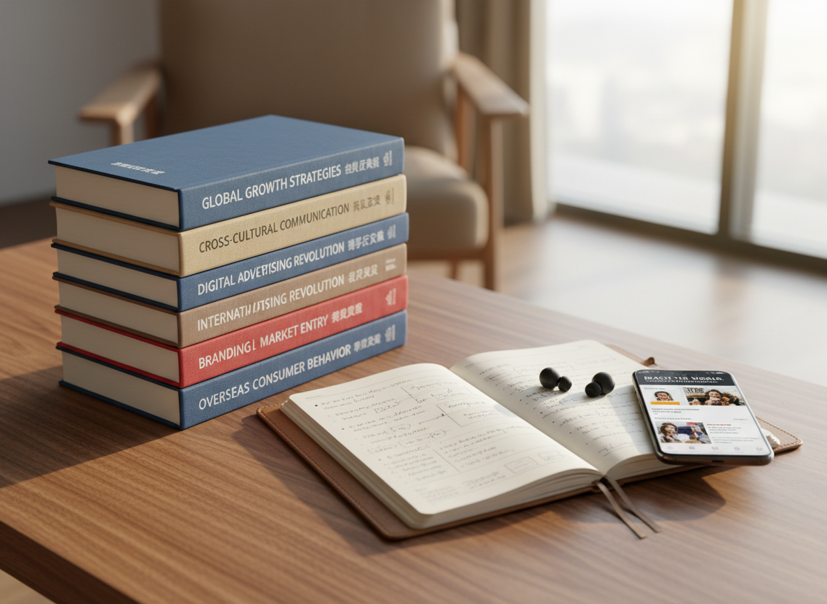 A neatly stacked set of marketing books in Mandarin and English on a smooth walnut tabletop, titles about global growth, cross-cultural communication, and digital advertising clearly legible on the spines. Beside the stack rests an open notebook filled with tidy handwritten notes and a pair of slim, black wireless earbuds resting on top. A smartphone lies nearby, its screen showing an email campaign preview for an international audience. Soft morning sunlight from the left creates a warm, studious glow and gentle gradients on the wood texture. Photographic realism, composed using the rule of thirds with shallow depth of field, evoking personal growth, continuous learning, and reflective reading about overseas marketing.